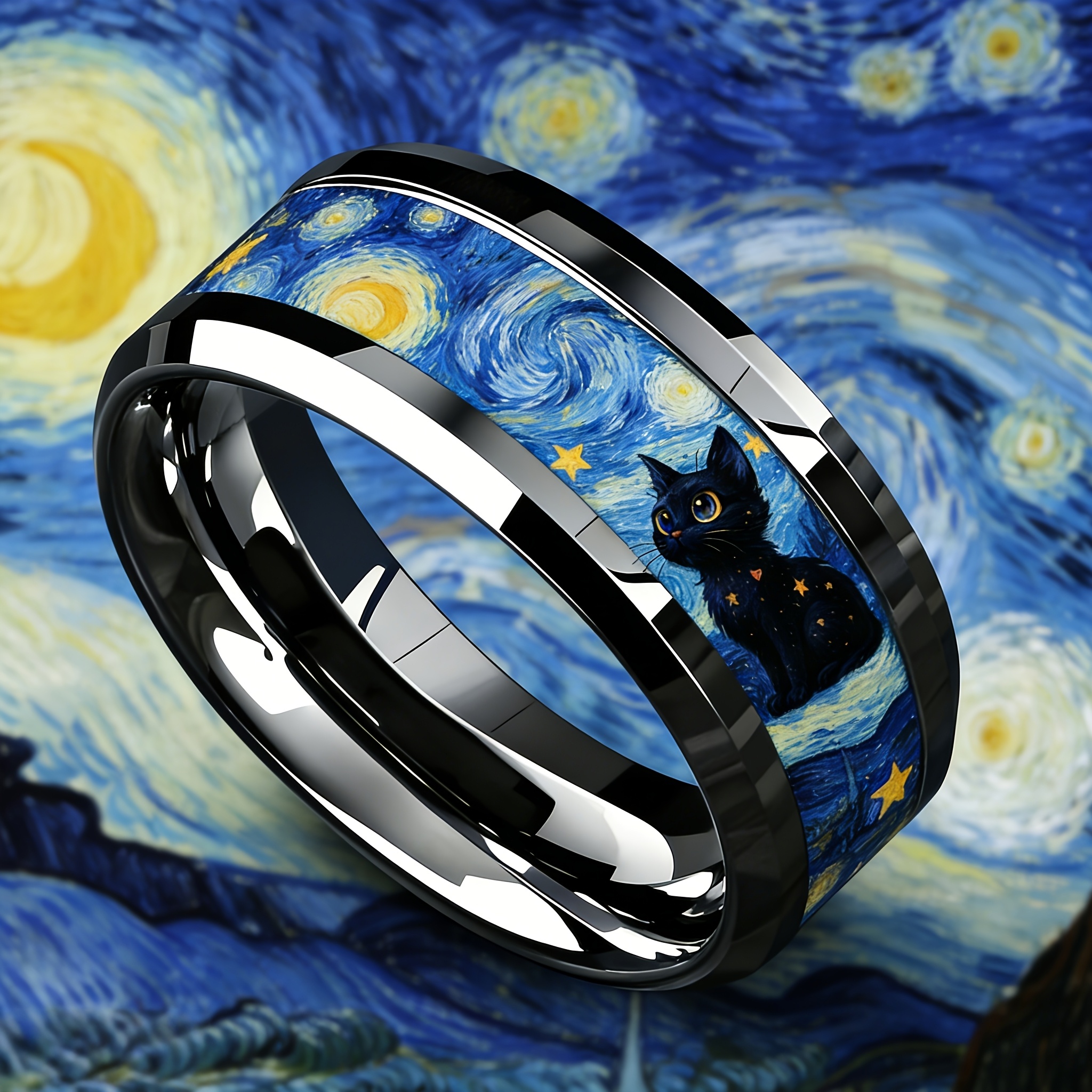 Van Gogh Starry Night Black Cat Titanium Steel Ring, Artistic Design